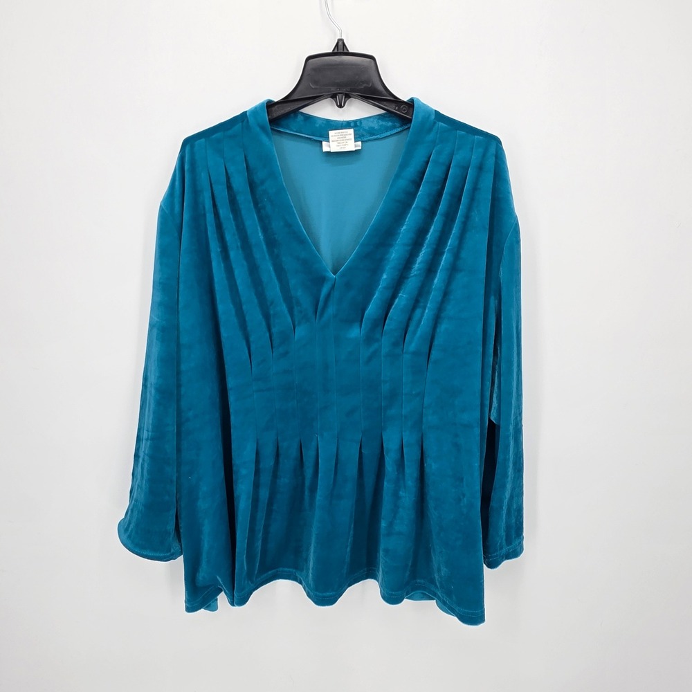 CW Classics Teal Velvet Tunic Top Pleated V Neck Long Sleeve Plus Size 4X‎